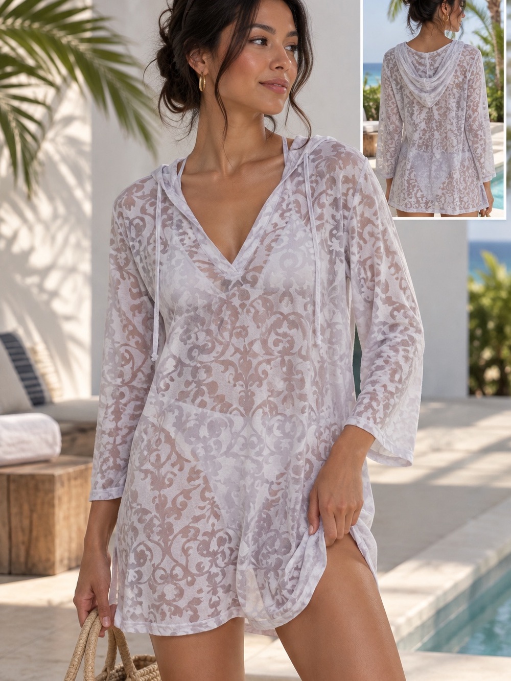 🏝️MAKE OFFER🏝️ Marika White Lace Print Hooded Swim Cover Up Tunic Dress Large